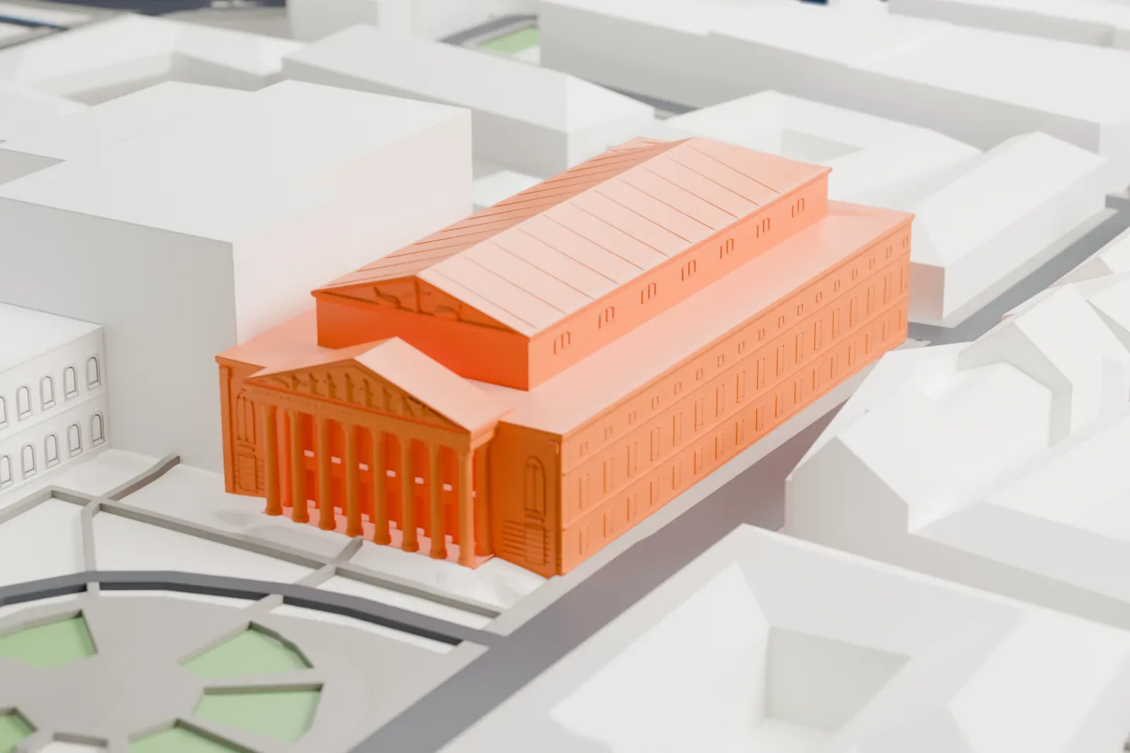 A white 3D print of the National Theatre in Munich, a large Neoclassical opera house among surrounding city buildings.