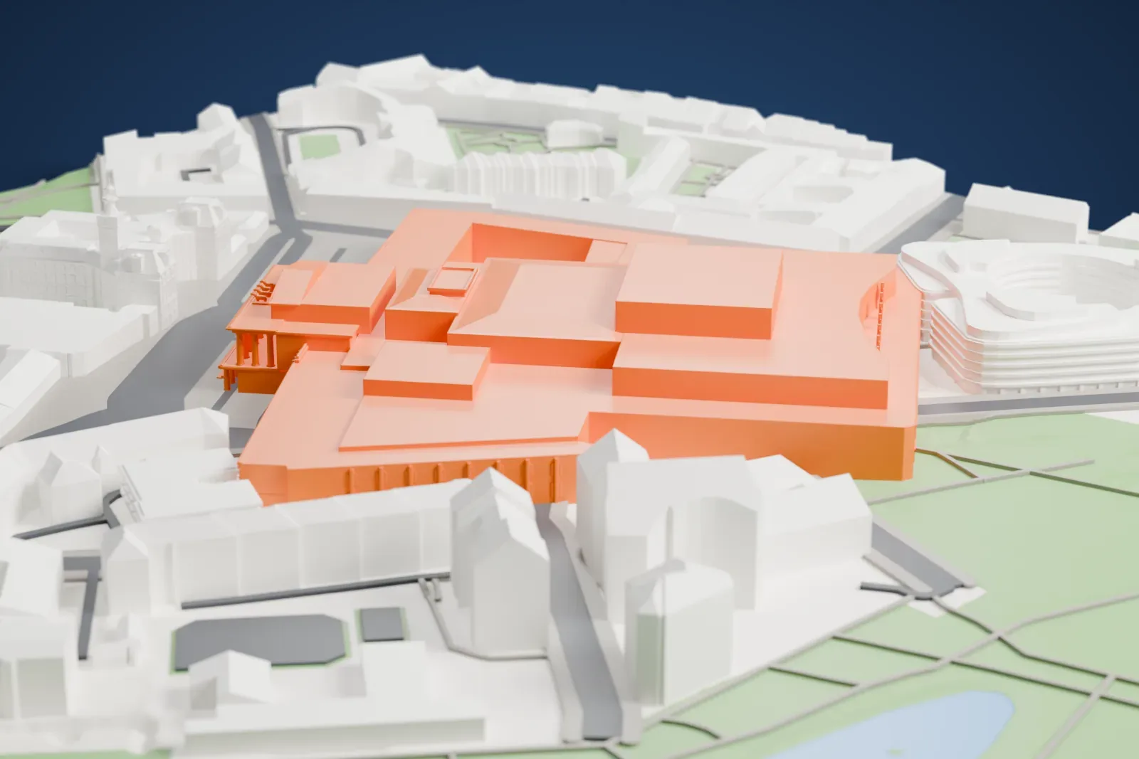 A white 3D print of the National Theatre in Warsaw among the surrounding streets and buildings.