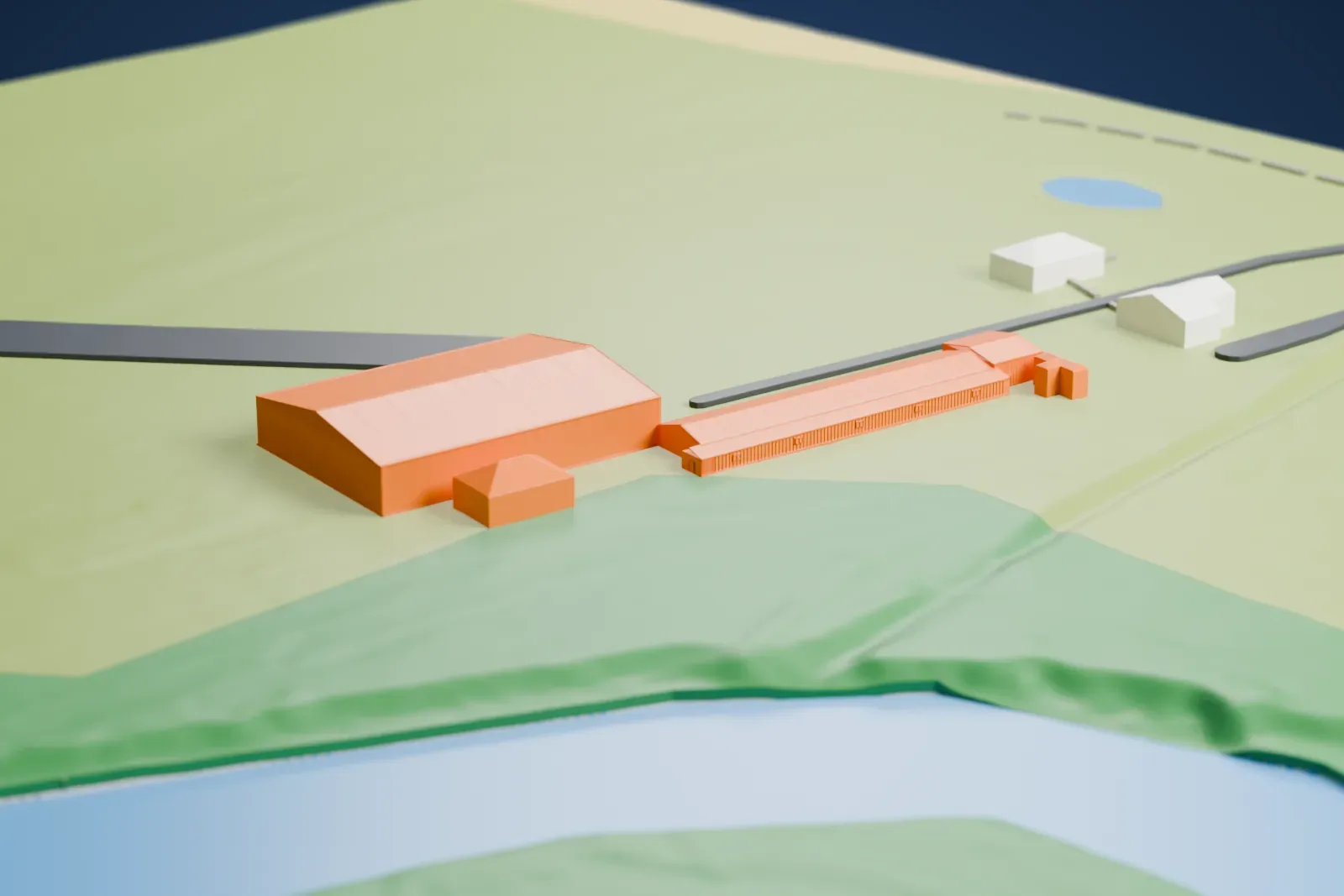A white 3D print of the National Warplane Museum hangars, a large gabled hangar and a long narrow building on open grass beside a river, with paved strips nearby.