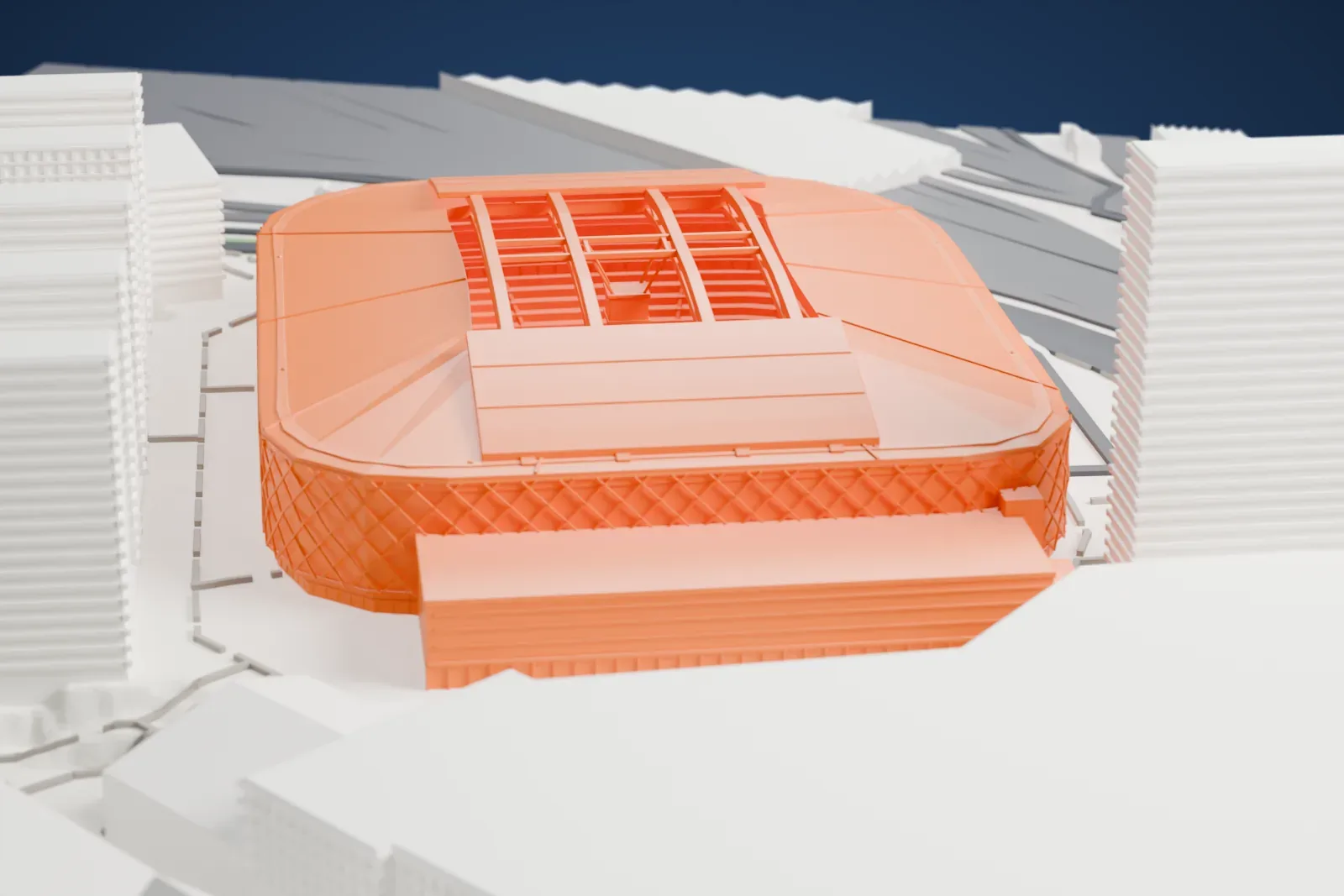A white 3D print of Nationalarenan, a rounded drum with a flat eave and a ring roof around an open center crossed by arched rails, among the streets and buildings around it.
