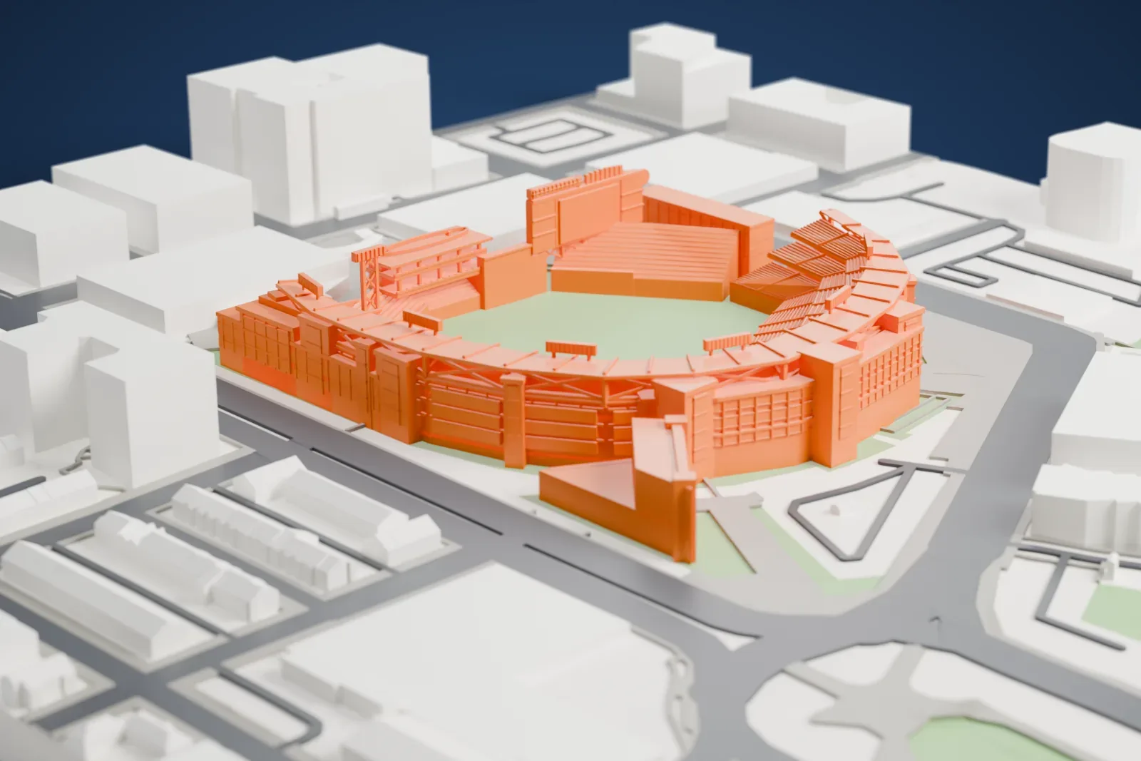 A white 3D print of Nationals Park, an open stadium bowl with streets and buildings of Washington, D.C., around it.