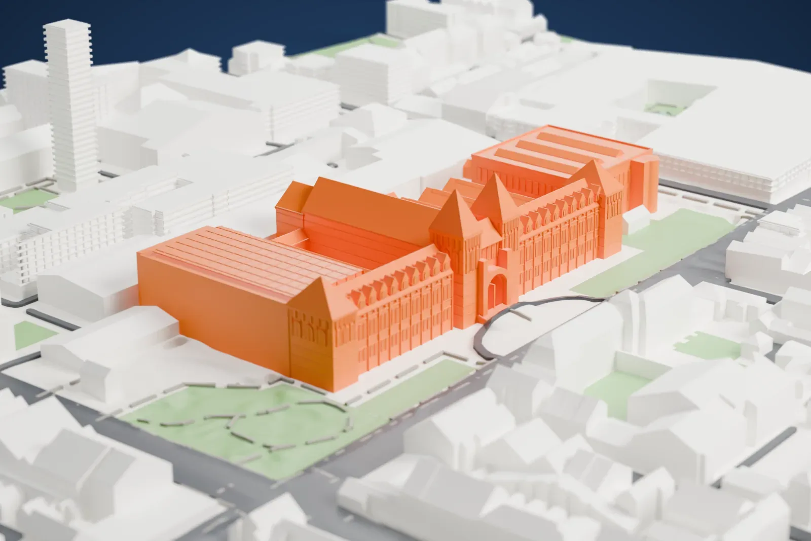 A white 3D print of the Natural History Museum, a long building with steep gables and two pointed towers, surrounded by dense city blocks, streets and small green squares.