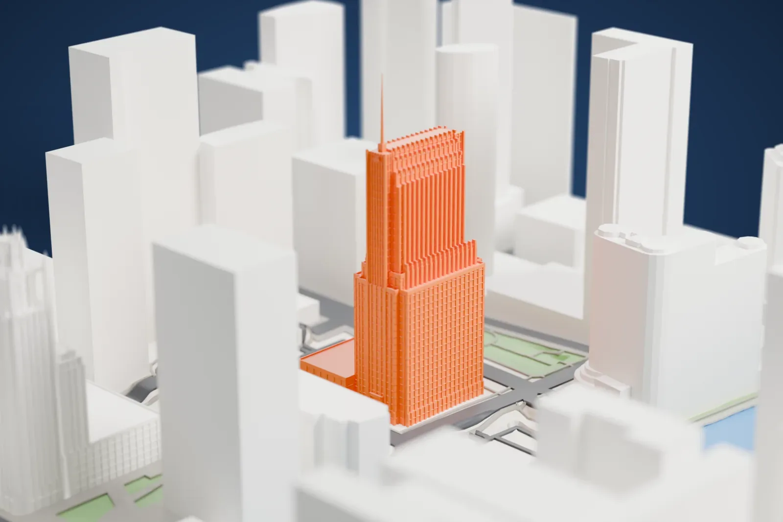 A white 3D print of the NBC Tower, a tall office tower with a broadcast mast and spire on top, among the surrounding streets and buildings of Chicago.