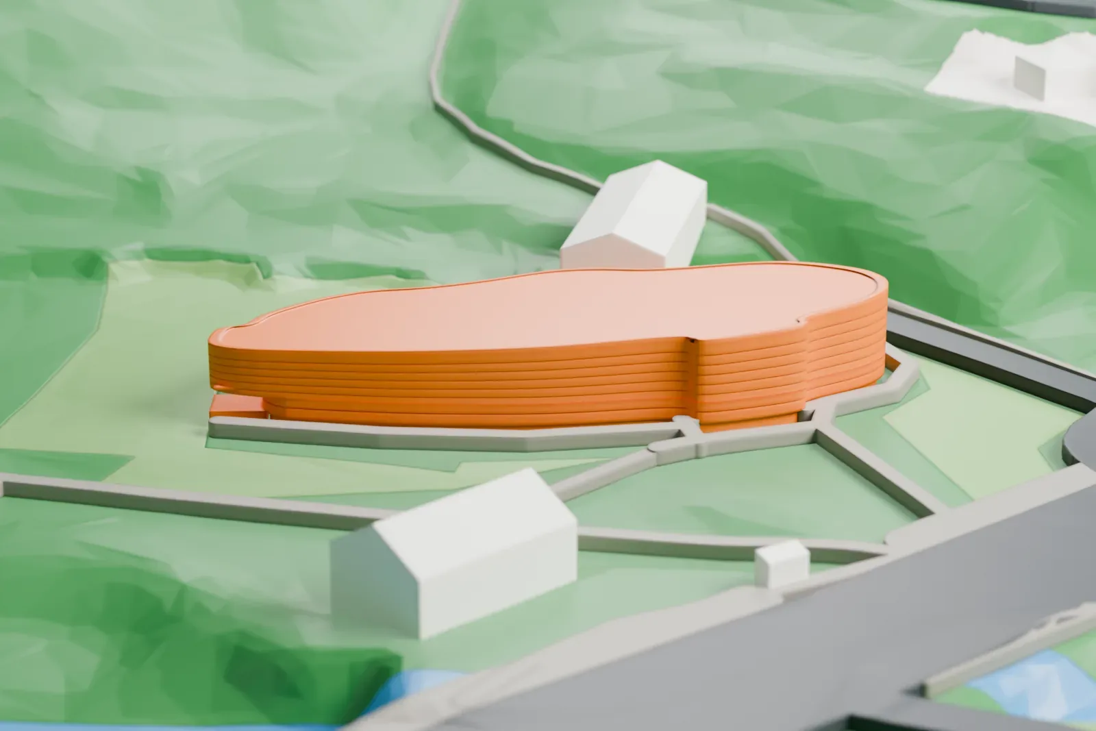 A white 3D print of the Neanderthal Museum with its surroundings in Mettmann.