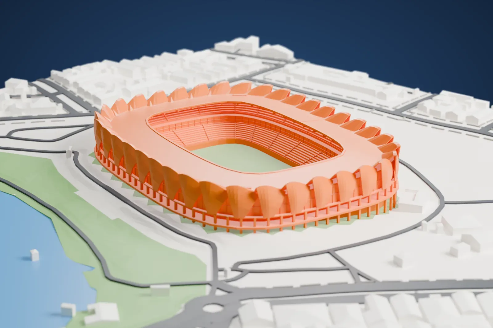 A white 3D print of the Nelson Mandela Bay Stadium, an oval bowl ringed by white petals above an open colonnade, among the streets and buildings around it.