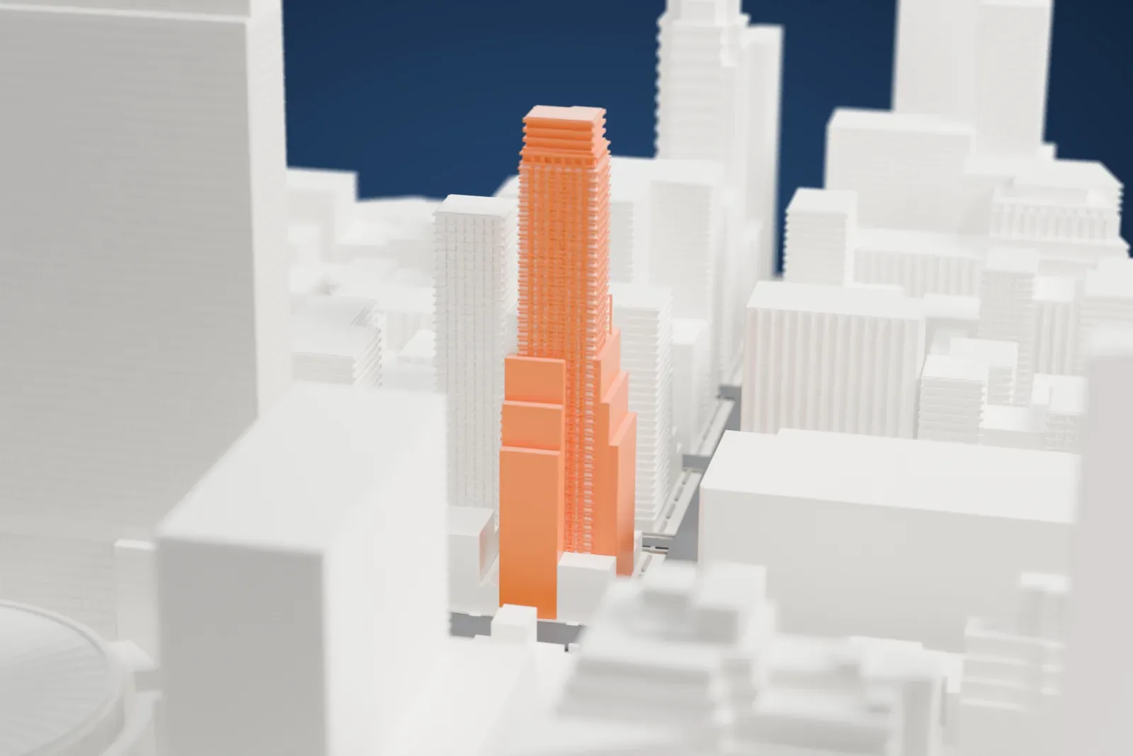 A white 3D print of Nelson Tower, a stepped tower with a narrow crown, rising above lower and taller buildings in a dense block.