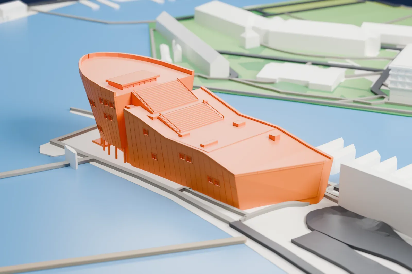 A white 3D print of NEMO Science Museum among the surrounding streets and buildings.