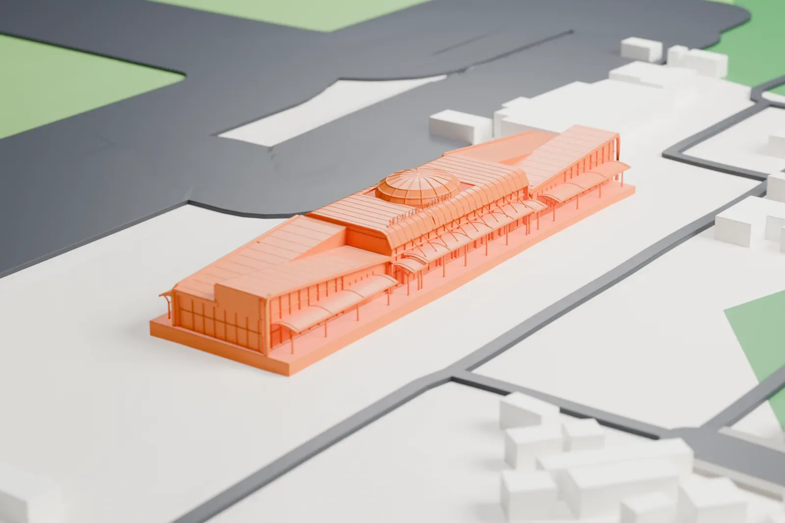 A white 3D print of the new terminal at Nepalgunj Airport, a broad terminal with a central hall, curved roofs and arched entrance canopies, among airport buildings.