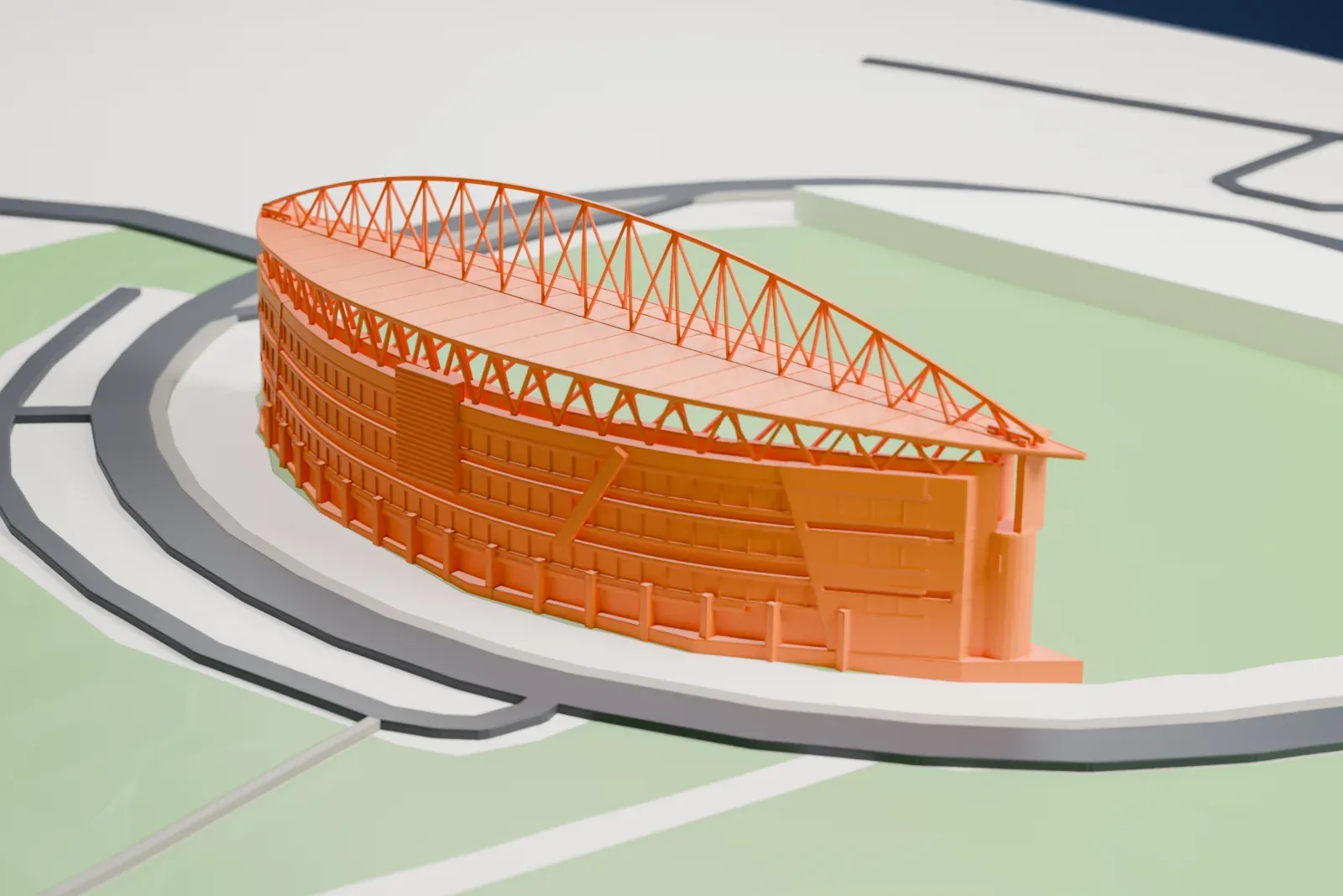 A white 3D print of the Netanya Stadium's west stand, with its tall open lattice arch, curved canopy and surrounding buildings.