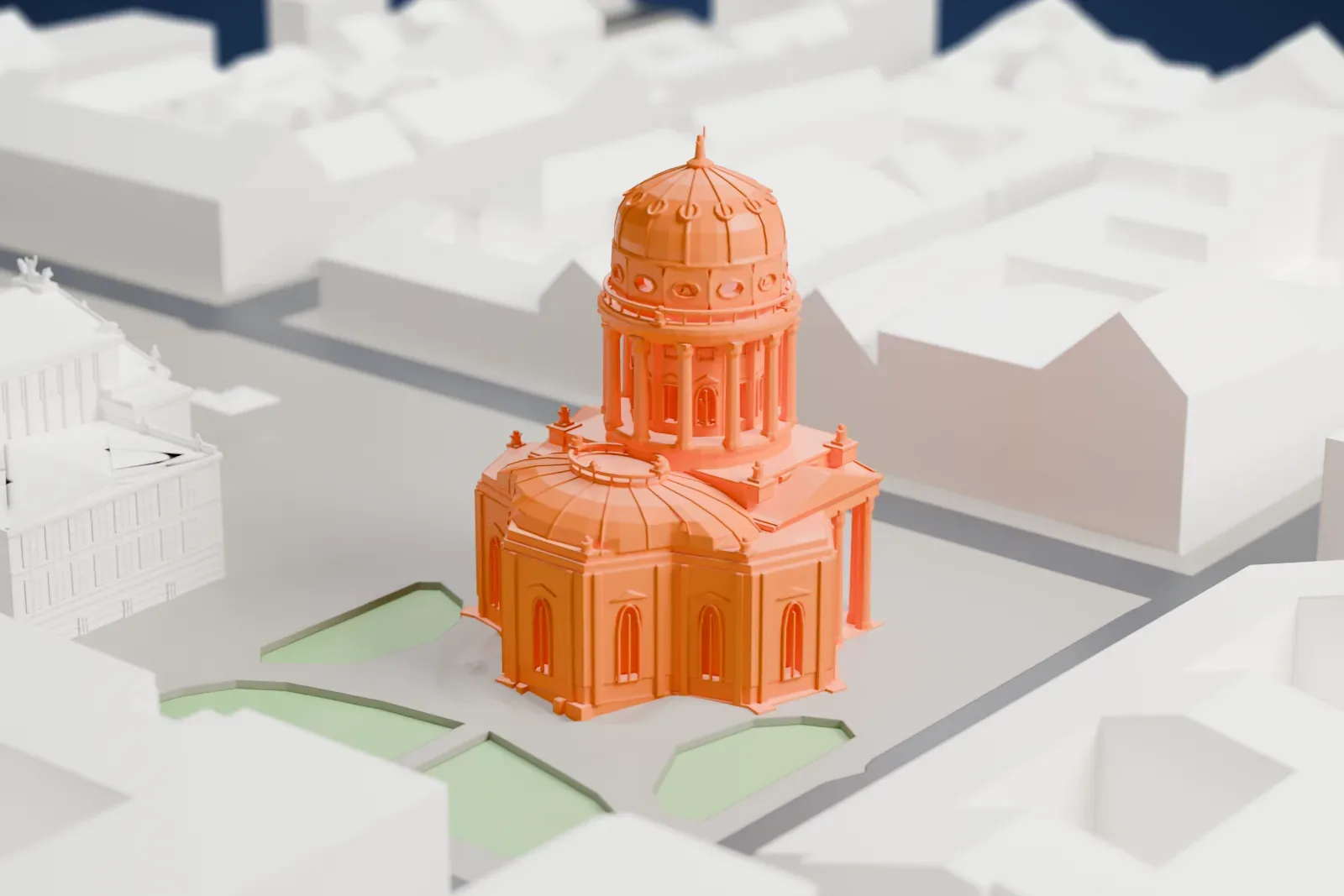 A white 3D print of the Neue Kirche with its domed tower, among the buildings around the Gendarmenmarkt.