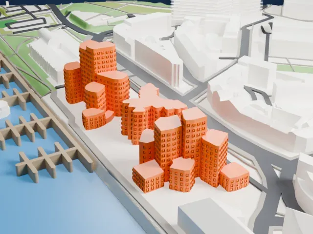 Neuer Zollhof (Gehry buildings) model, West view