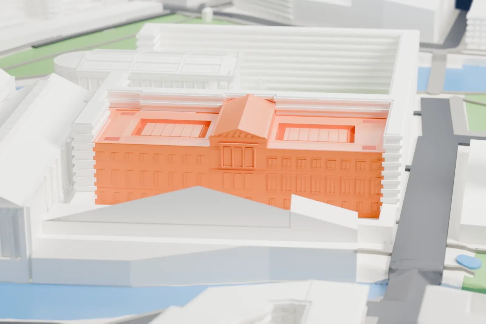 A white 3D print of the Neues Museum, with the surrounding streets and buildings of Berlin around it.