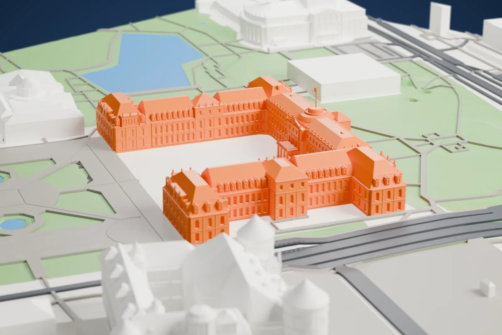 A white 3D print of the New Palace on the Schlossplatz in Stuttgart, with surrounding streets and buildings.