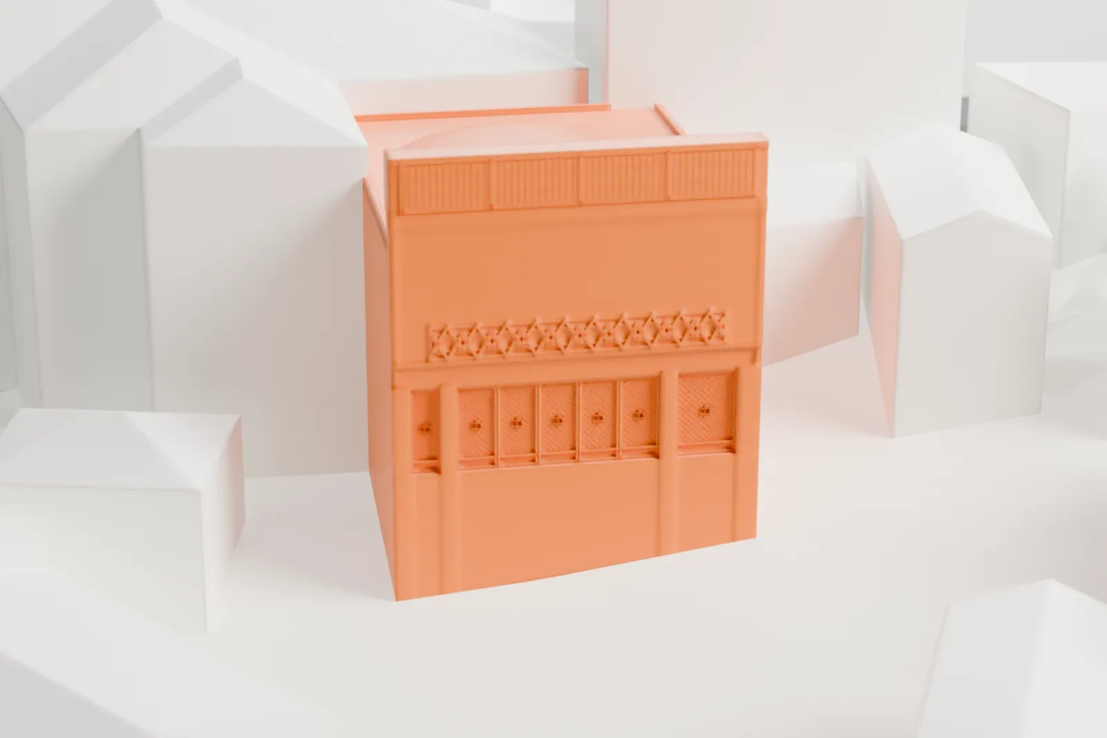 A white 3D print of the Neve Shalom Synagogue among the surrounding streets and buildings of Karaköy.