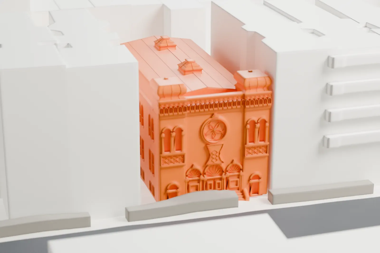 A white 3D print of New Bethel Way of the Cross Church of Christ, a narrow building with a decorated front and two small domes, tucked between taller buildings on a street.