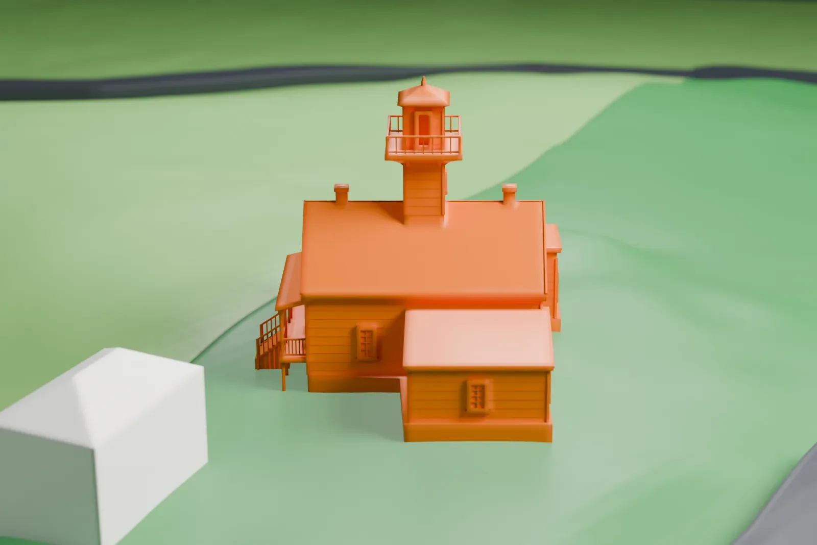A white 3D print of the New Dorp Light, a wooden keeper's house with a square lighthouse tower and railed gallery, on a grassy slope with a little water behind.
