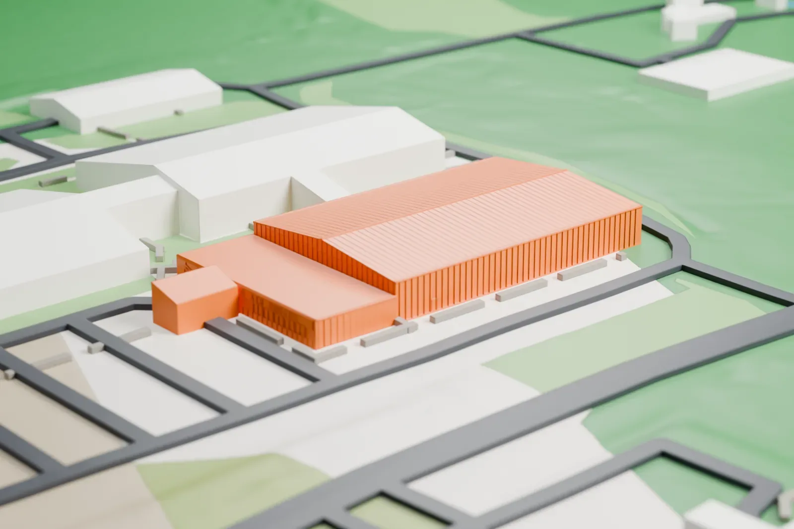 A white 3D print of the New England Air Museum hangars, long low buildings with ribbed gabled roofs, surrounded by lawns, curving roads and large neighboring buildings.