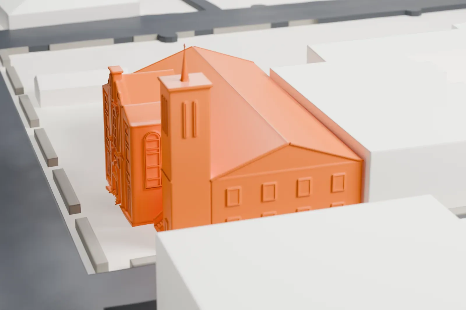 A white 3D print of New Hope Baptist Church, a gabled church with a tall bell tower and cross, standing on a corner among streets and larger buildings.