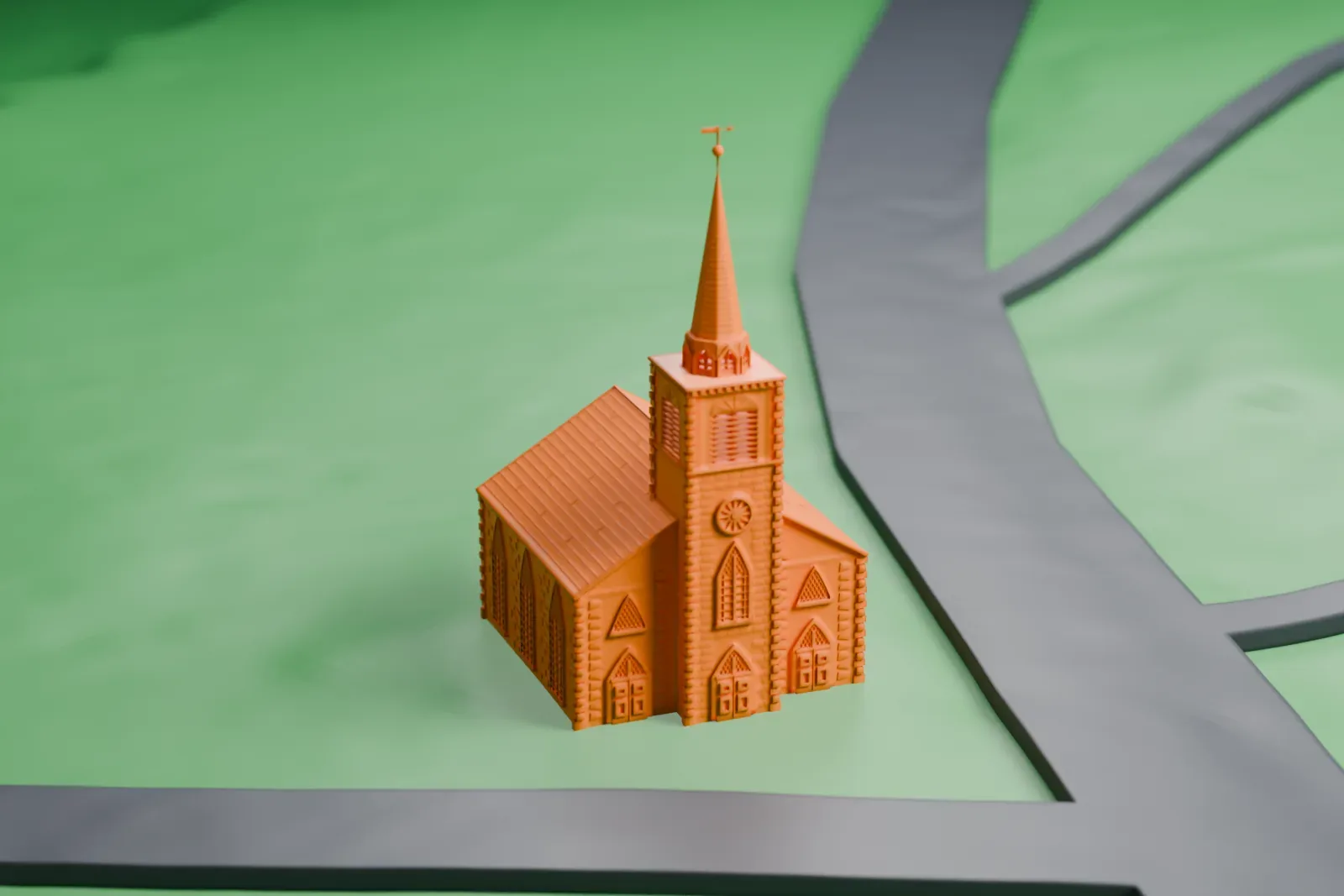 A white 3D print of the New North Reformed Low Dutch Church, a small steepled church beside a road, with scattered houses around it on gently sloping ground.