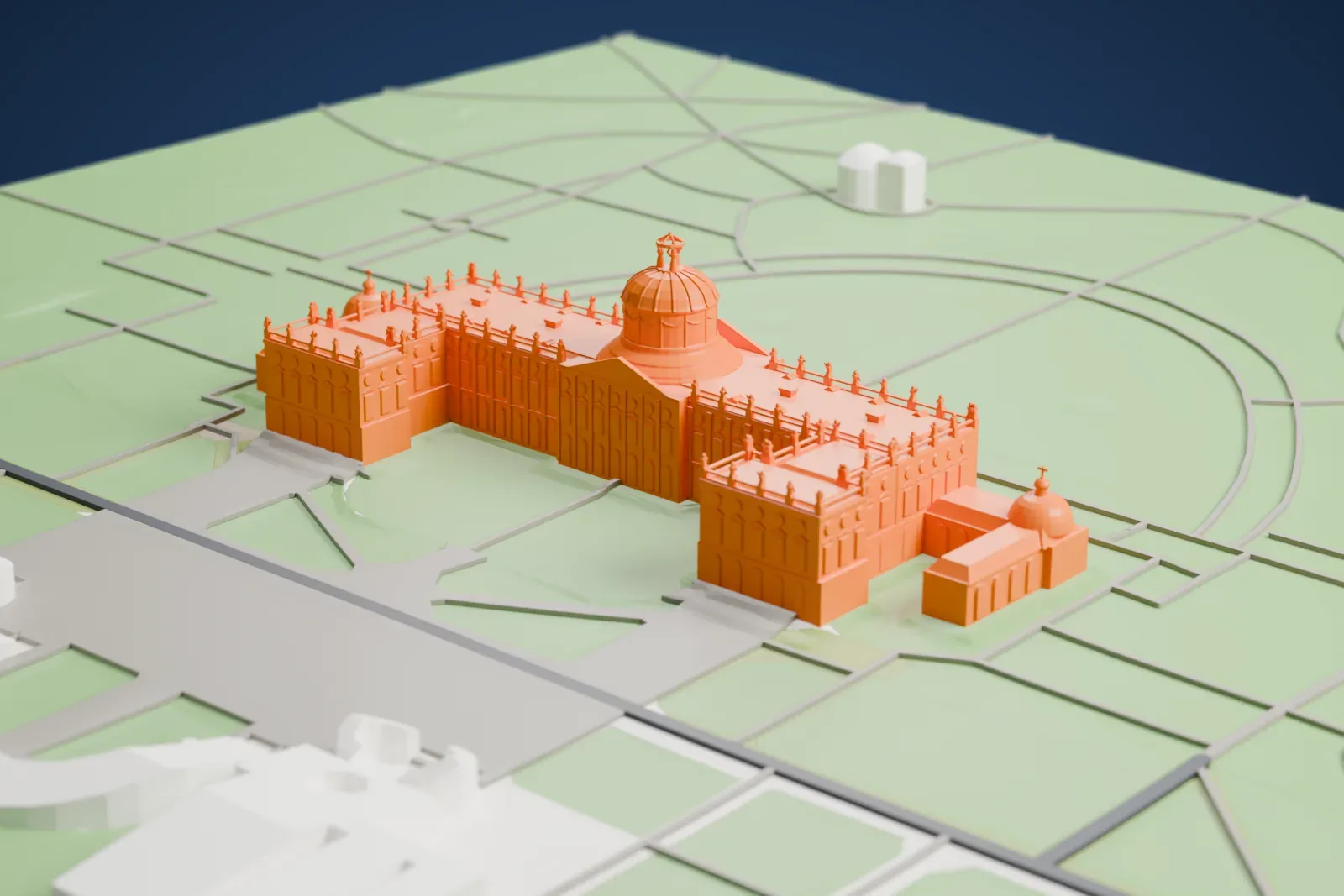 A white 3D print of the New Palace, its long wings and central dome set among the grounds of Sanssouci park.