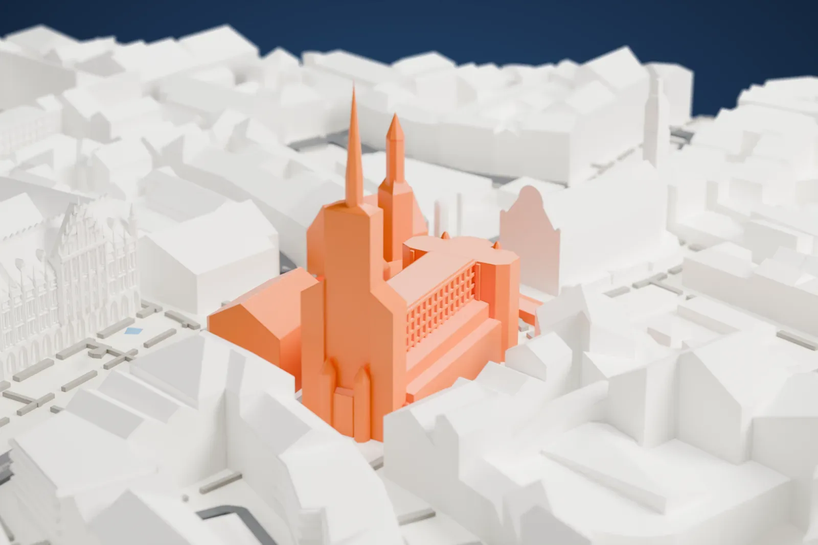 A white 3D print of the New Town Hall in Munich, a neo-Gothic building with steep roofs around courtyards and a tall slim tower, surrounded by closely packed buildings.
