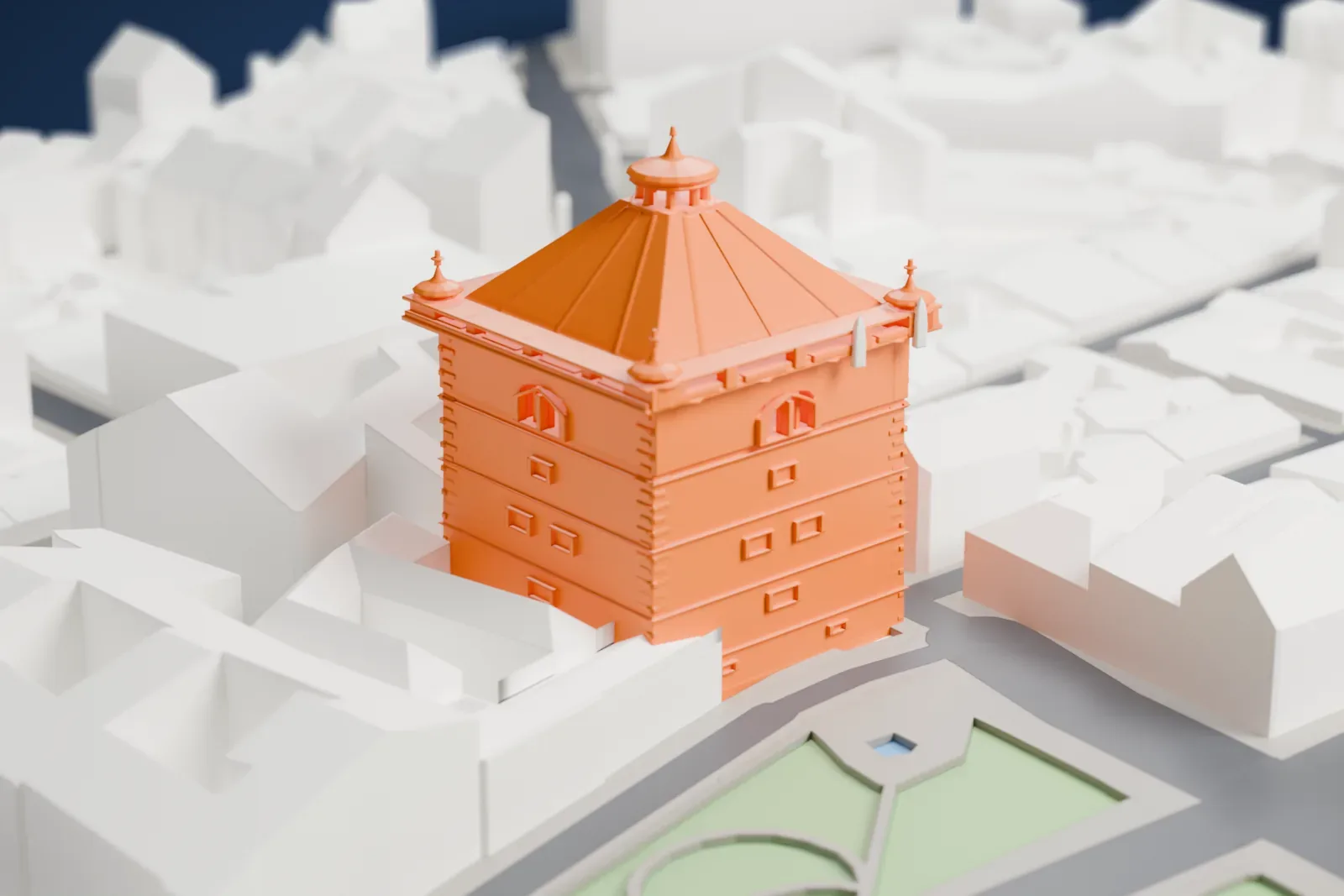 A white 3D print of the New Town Hall, a Gothic town hall building among the surrounding streets and buildings.