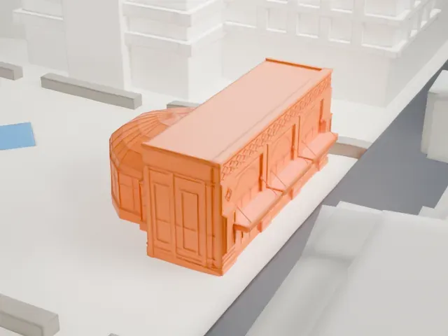 New World Stages model, East view