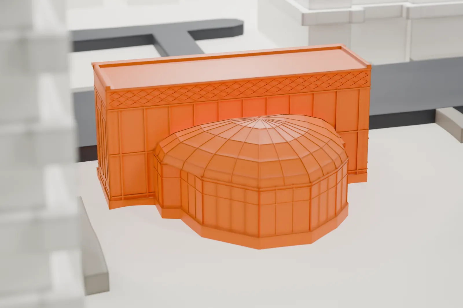 A white 3D print of New World Stages, a small entrance structure on an open plaza beside much taller tower blocks.