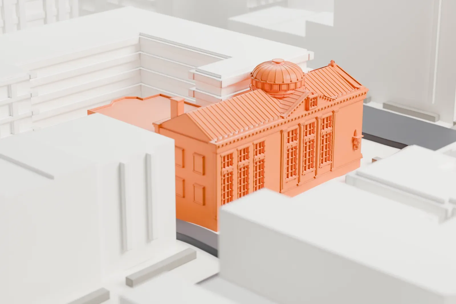 A white 3D print of the New York Savings Bank Building, a gabled-roof bank with a ribbed dome and tall windows, among larger buildings.
