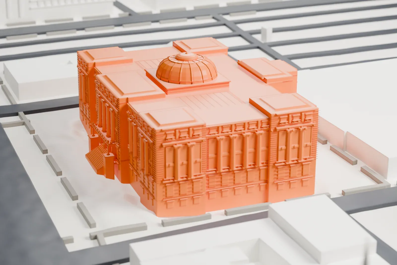 A white 3D print of Newark City Hall, a square building with a ribbed dome and stepped corner roofs, standing on its own block with streets around it.