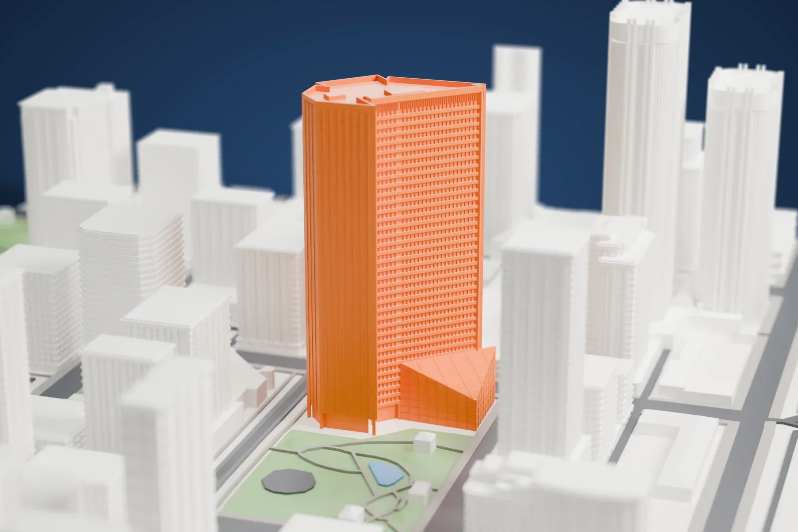 A white 3D print of the Nexen Building, a tall office tower, among the surrounding streets and buildings of downtown Calgary.
