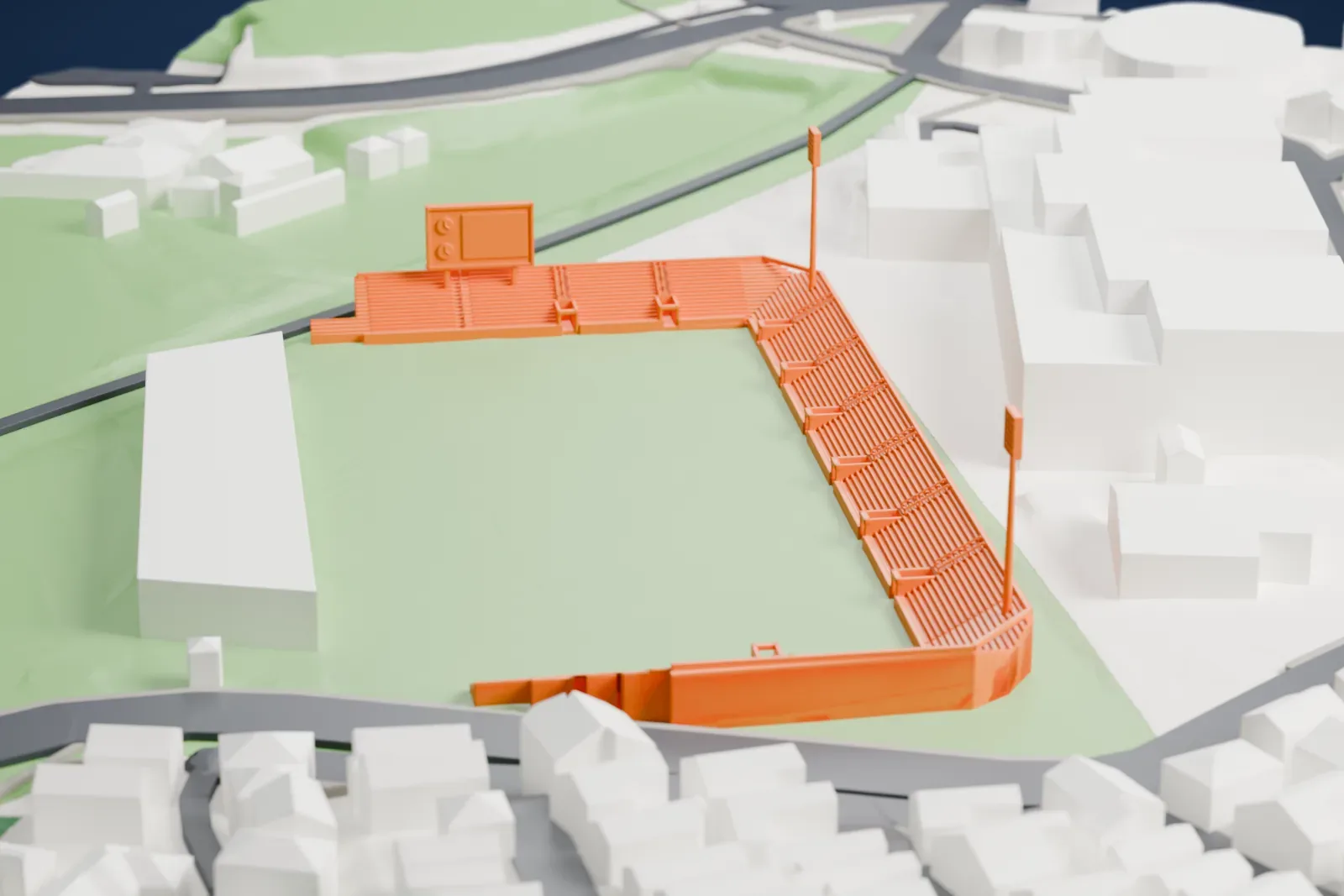 A white 3D print of NHK Spring Mitsuzawa Football Stadium, with stands around the field and city buildings beyond.