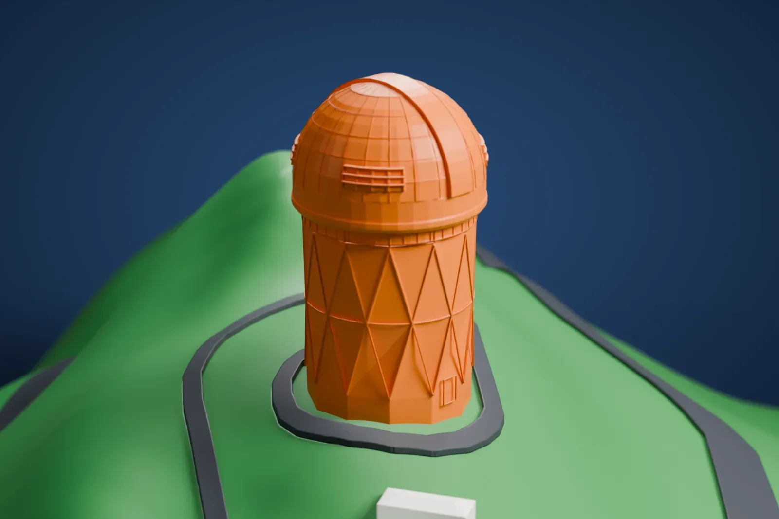 A white 3D print of the Nicholas U. Mayall Telescope, a domed tower with a diamond pattern on its walls, standing on a green hilltop ringed by a narrow road.