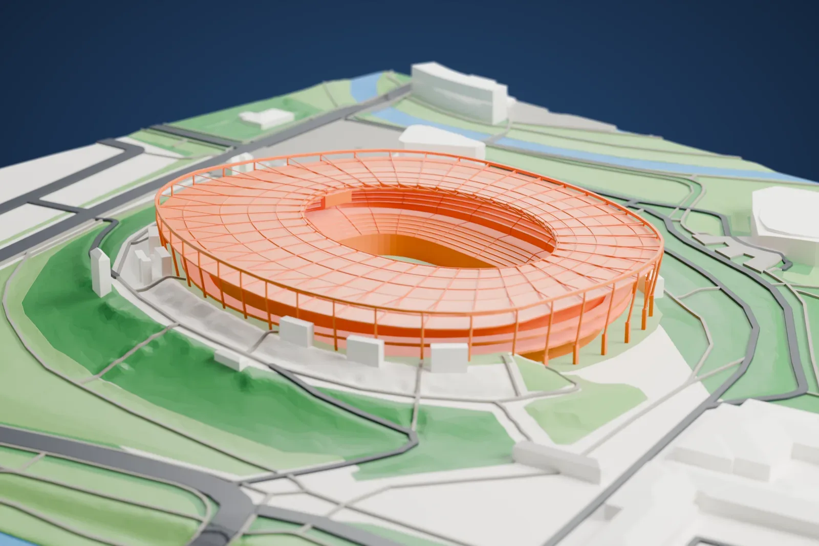 A white 3D print of the Niedersachsenstadion with its stadium bowl and the surrounding city buildings.