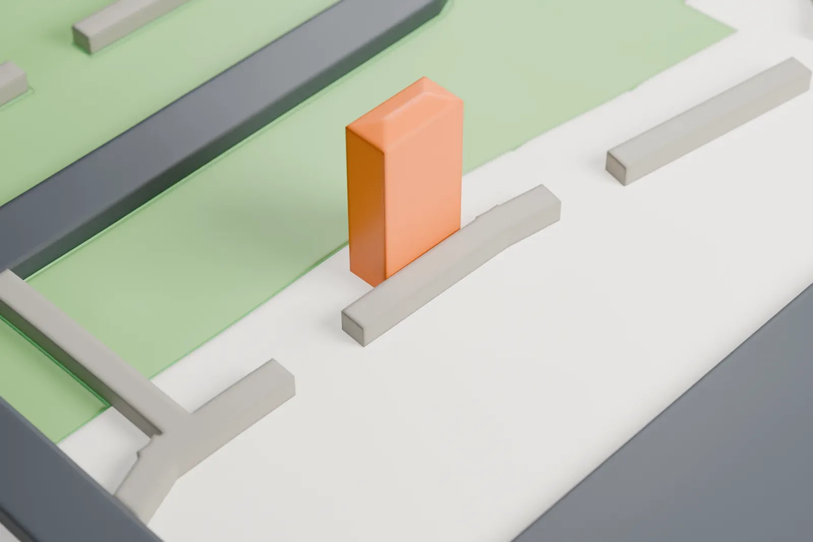 A white 3D print of the Niels Petersen House, a two-story house with steep gables, dormers and wraparound porches, standing alone on an open grassy lot beside a road.