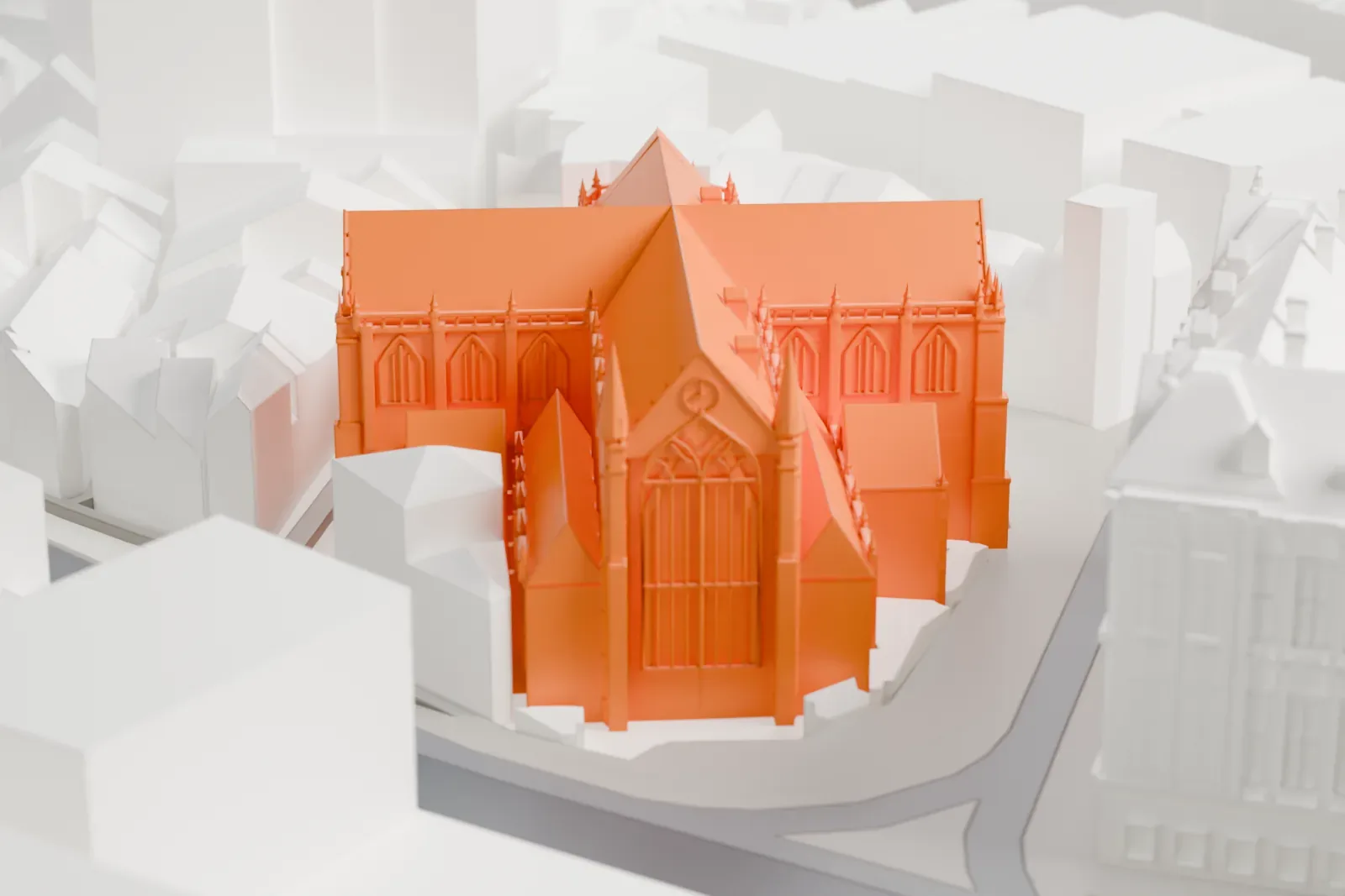 A white 3D print of the Nieuwe Kerk on Dam Square in Amsterdam, with surrounding streets and buildings.