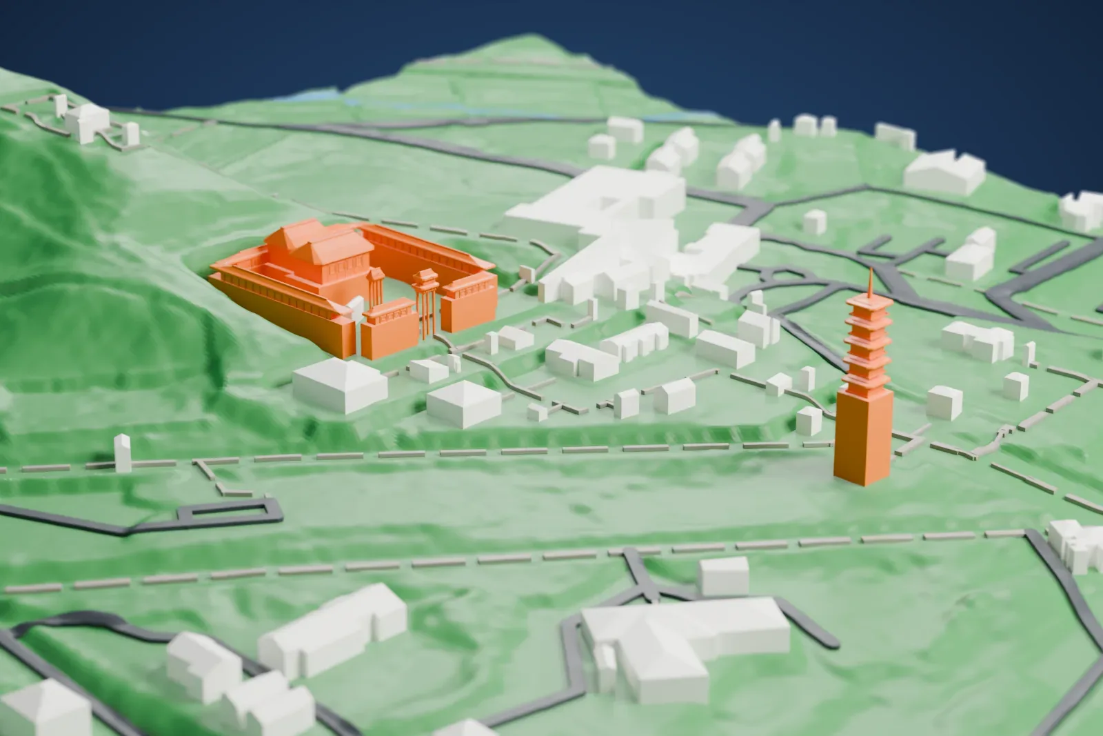 A white 3D print of the Nikko Toshogu shrine buildings and tiered pagoda, with paths, scattered surrounding buildings, and sloping hillsides.