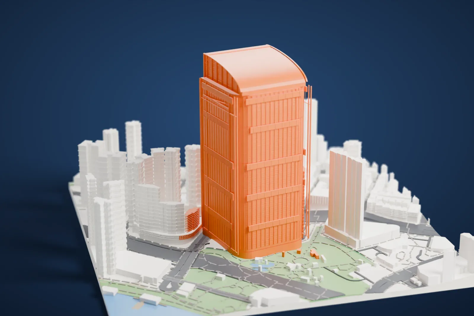 A white 3D print of Nina Tower, a tall slim tower with a curved top, rising among high-rise blocks, roads and small parks.
