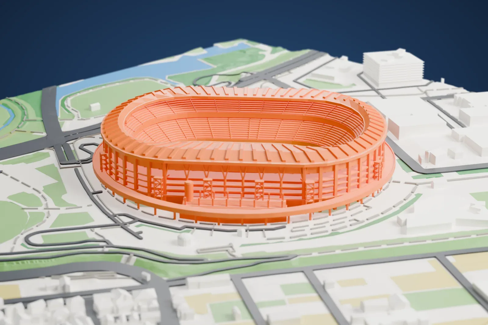 A white 3D print of Nissan Stadium, a near-round bowl under a ribbed roof ring that is wide over the long sides, among the streets and buildings around it.