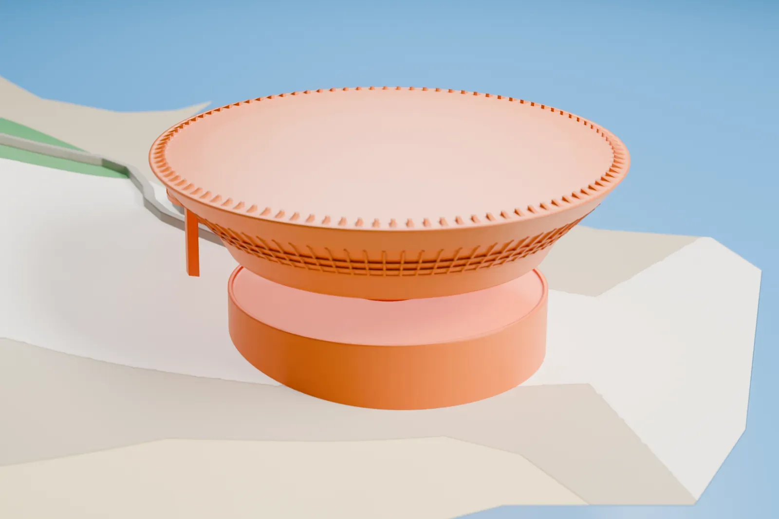 A white 3D print of the Niterói Contemporary Art Museum, a saucer-shaped building on a round base with a curving ramp, standing on a headland above the water.