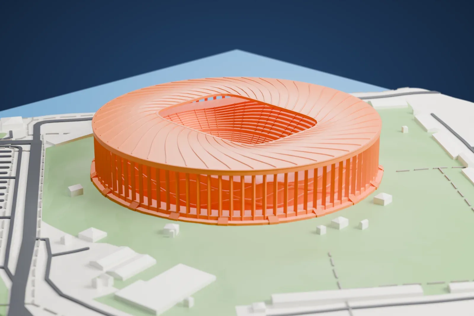 A white 3D print of Nizhny Novgorod Stadium, a round drum of slim columns under a deep ring beam with a ring roof inside, among the streets and buildings around it.