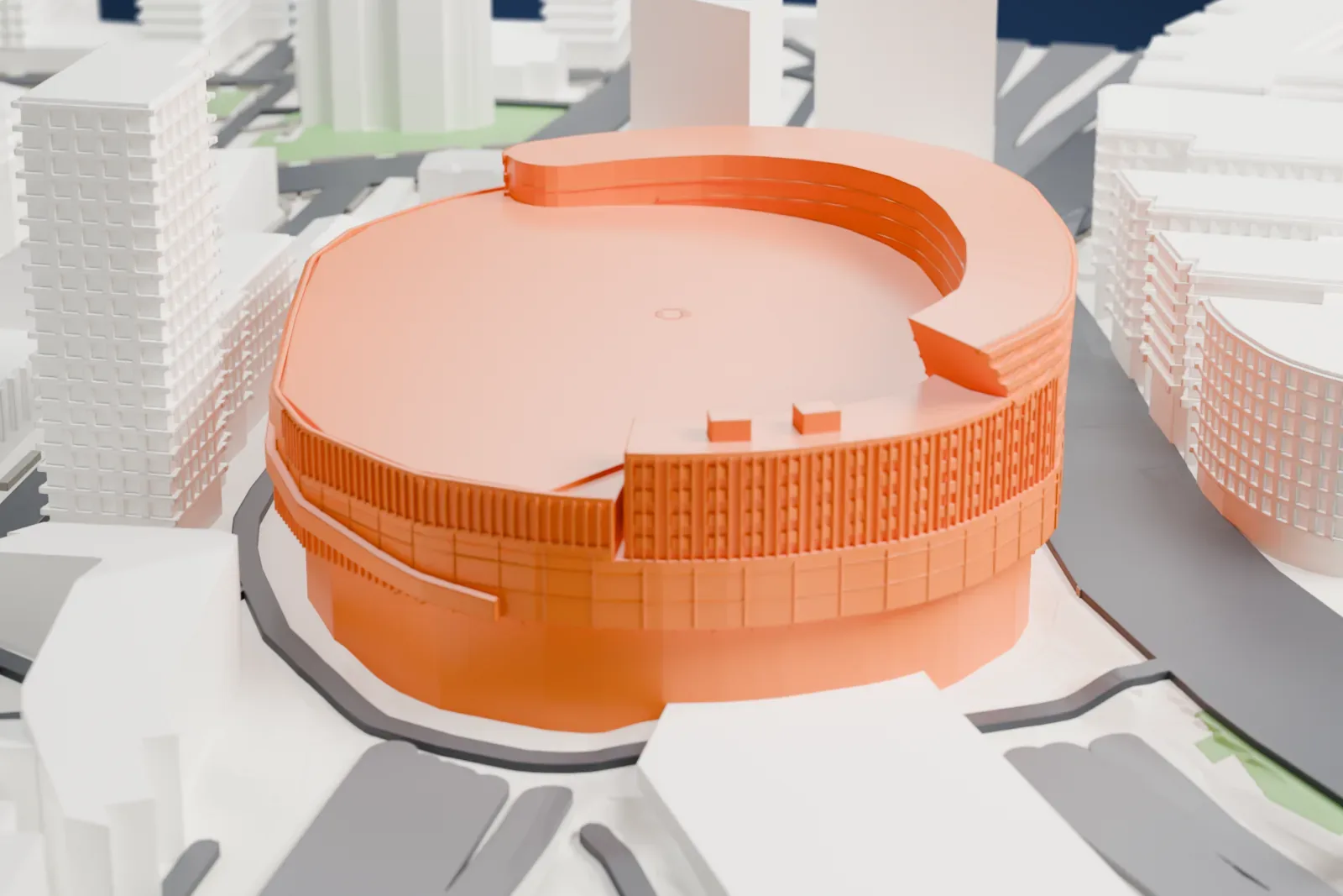 A white 3D print of the Nokia Arena, an oval drum with a slatted hotel crescent rising to a leaning top, on a base of surrounding streets and buildings.
