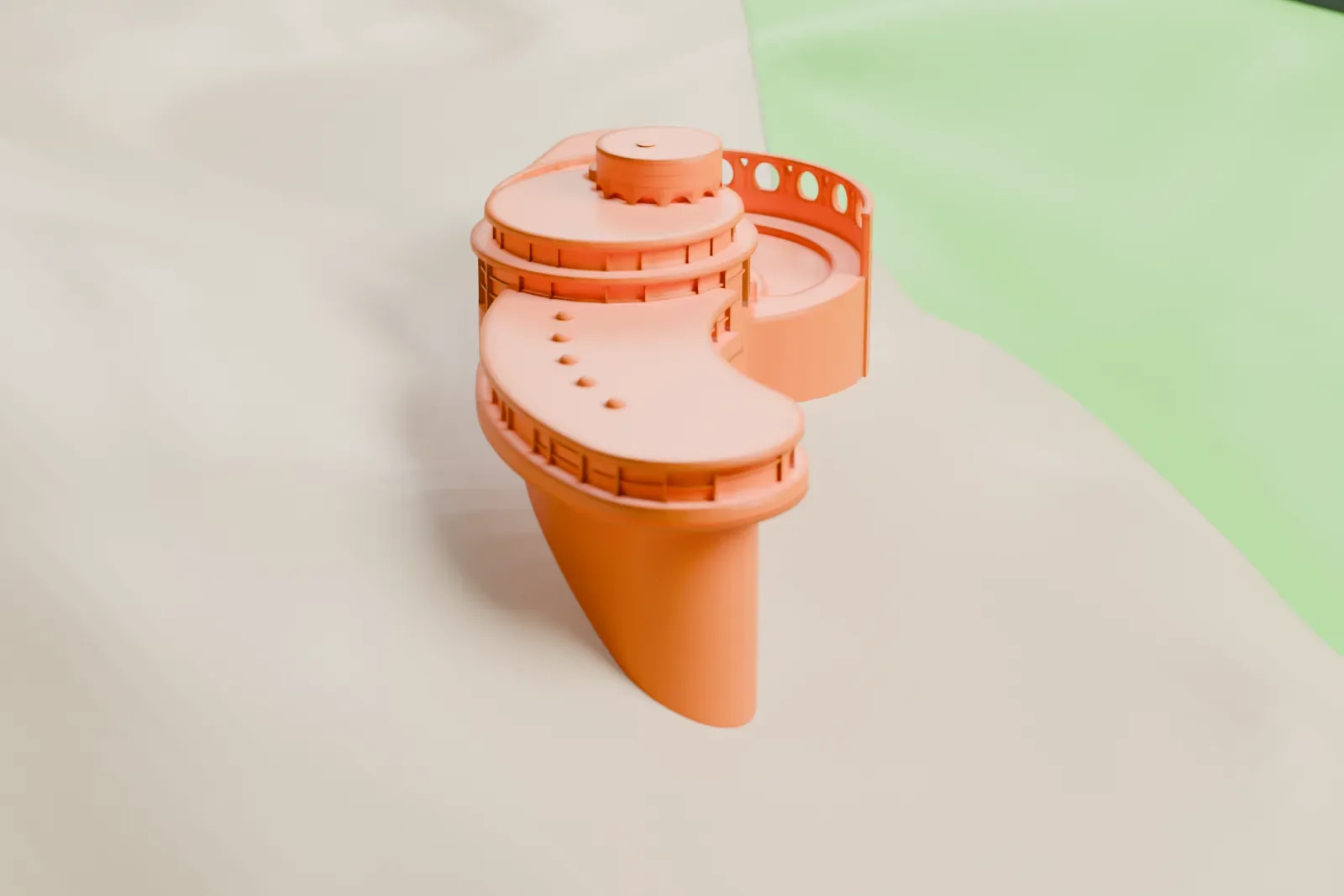 A white 3D print of the Norman Lykes House among neighboring houses and winding roads on steep, bare hillside terrain.