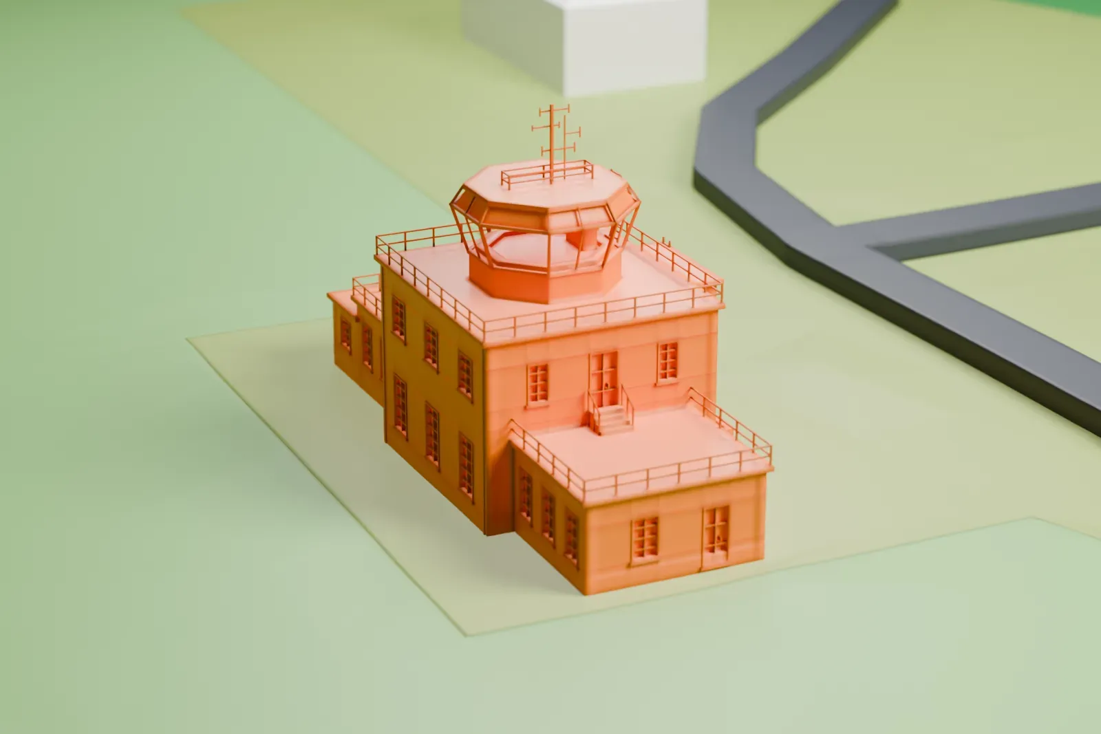 A white 3D print of the North Weald Airfield control tower with the surrounding streets and buildings.