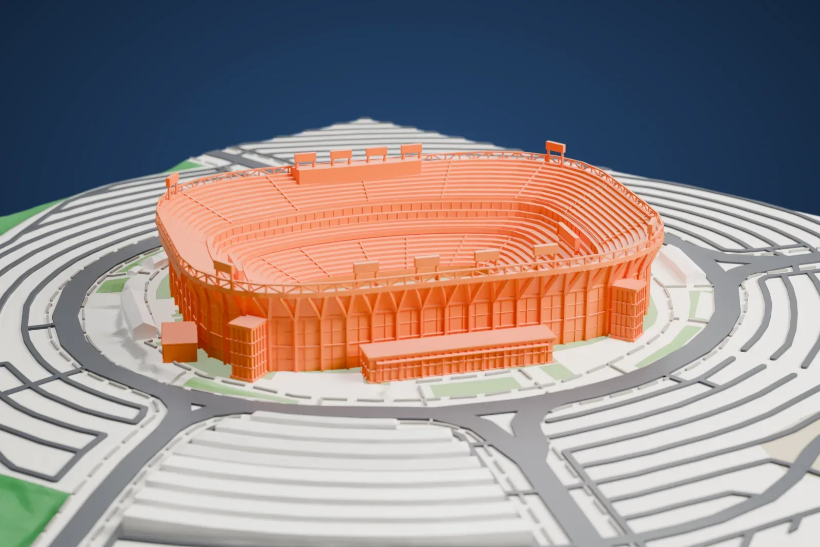 A white 3D print of Northwest Stadium, a closed oval bowl with a ring of white trusses and small light masts on top, on a base of surrounding streets and buildings.