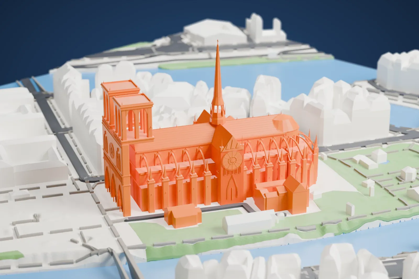 A white 3D print of Notre-Dame de Paris, a Gothic cathedral with twin towers, flying buttresses and a slender spire, on an island in the Seine with gardens and Paris rooftops around it.