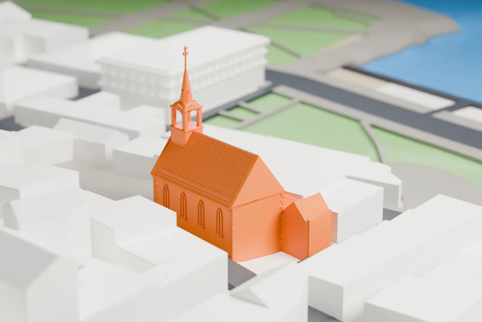 A white 3D print of Notre-Dame-des-Victoires Church among the surrounding streets and buildings.