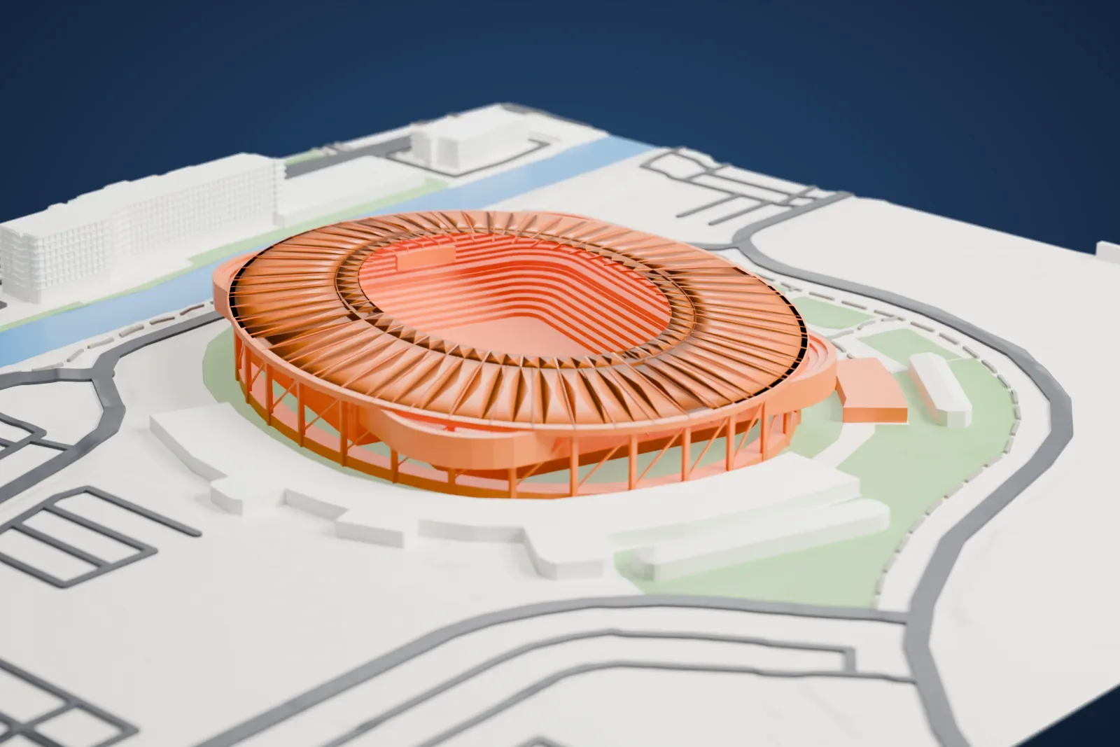 A white 3D print of Nu Stadium, an oval stadium with a ribbed roof ring and slanted supports, set among roads, green lawns and a blue waterway.