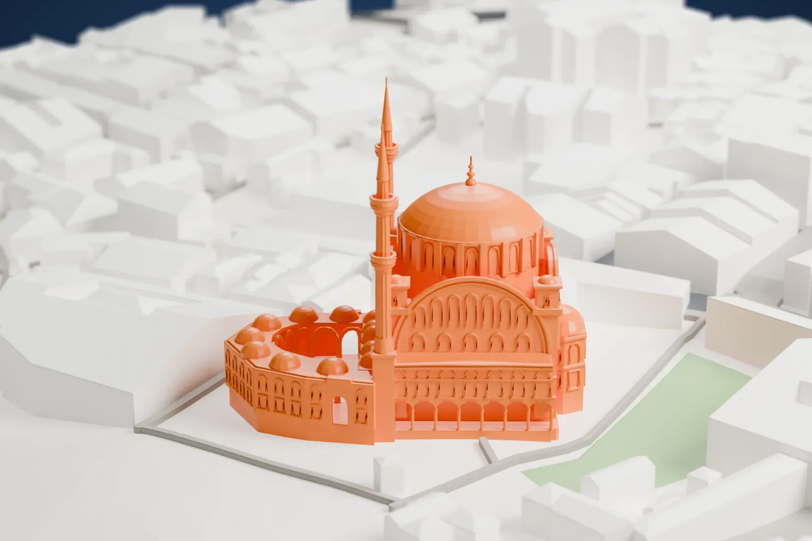 A white 3D print of the Nuruosmaniye Mosque, an Ottoman mosque, among the surrounding streets and buildings.