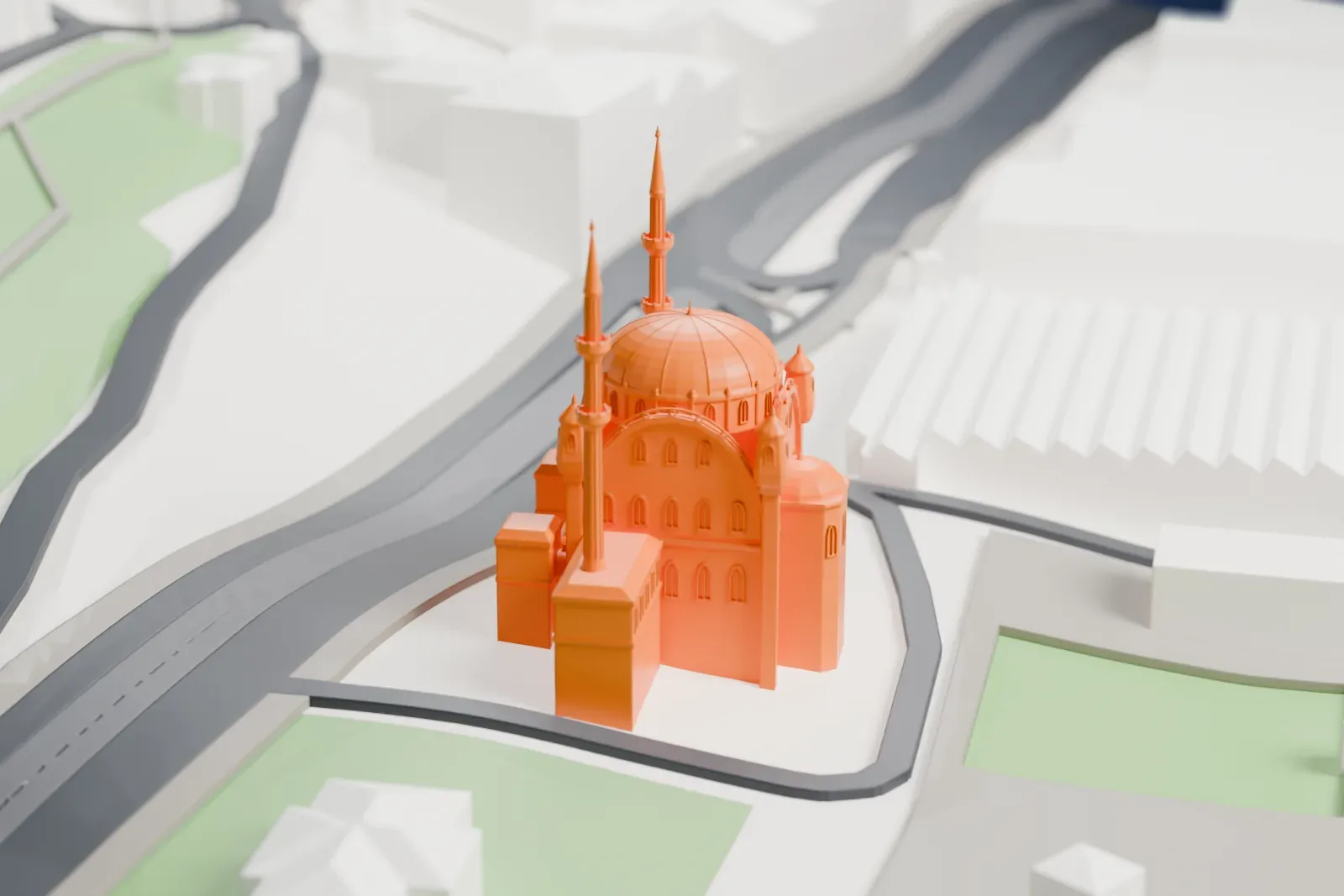A white 3D print of the Nusretiye Mosque in Istanbul, with surrounding streets and buildings.